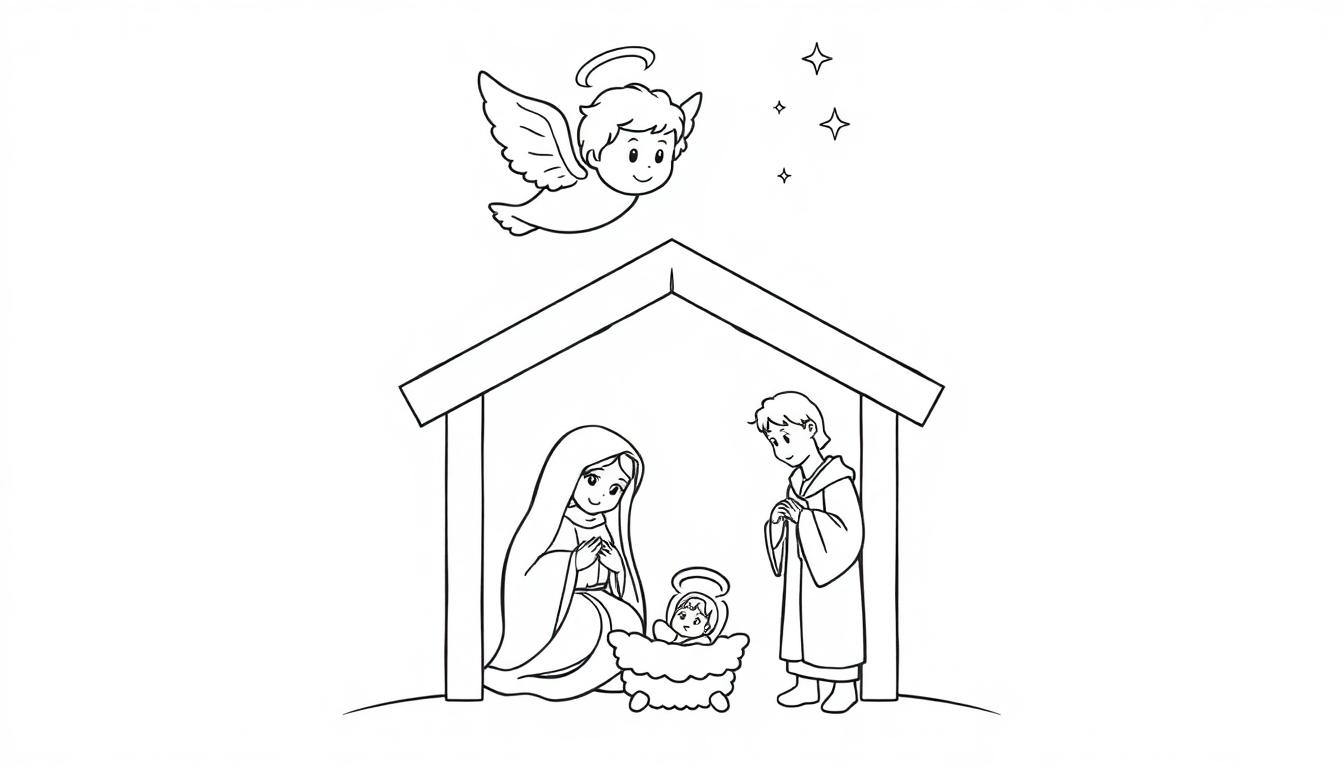 Schwarz-Weiß-Farbtafel-Ausmalbild: Ein kleiner Engel schwebt über der Krippe mit Maria, Josef und dem Jesuskind, umgeben von vier Sternen auf einem sanft gewölbten Hügel.
