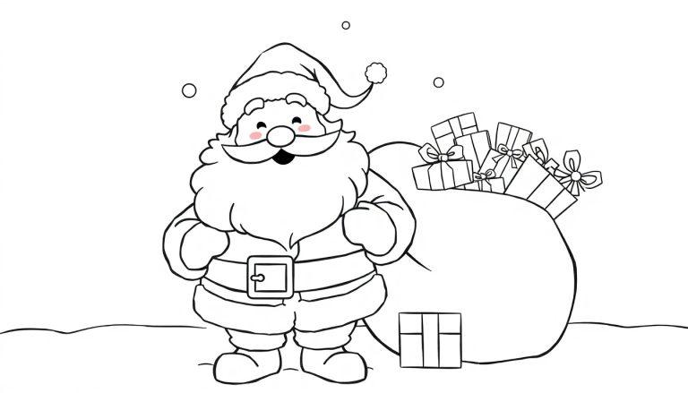 Ein lustiger Weihnachtsmann mit Geschenken, bereit zum Ausmalen. Schwarz-weiß. Eine Farbtafel.
