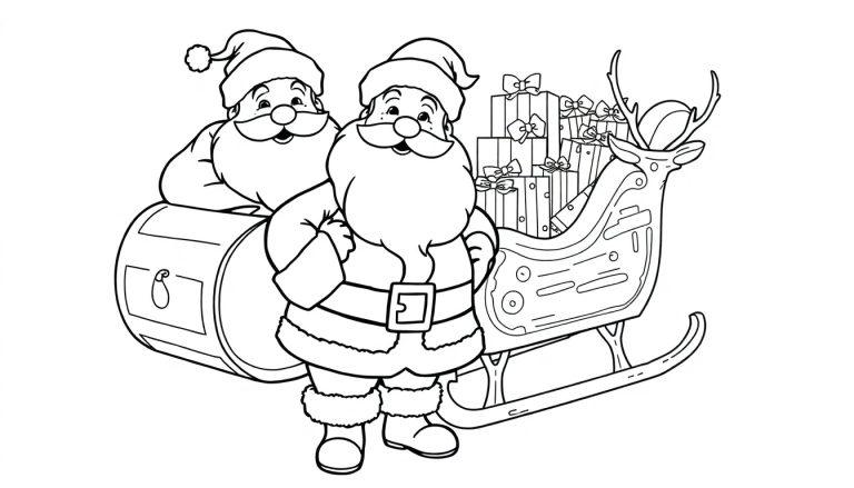 Eine schwarz-weiße Farbtafel zeigt zwei Weihnachtsmänner, einen Schlitten, ein Rentier und einen Sack voller Geschenke, die sich auf eine Reise vorbereiten.