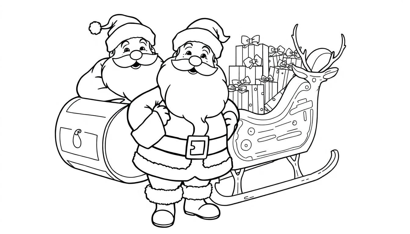 Eine schwarz-weiße Farbtafel zeigt zwei Weihnachtsmänner, einen Schlitten, ein Rentier und einen Sack voller Geschenke, die sich auf eine Reise vorbereiten.