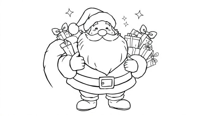 Schwarz-Weiß-Farbtafel des Weihnachtsmanns, der Geschenke trägt und von Sternen umgeben ist.