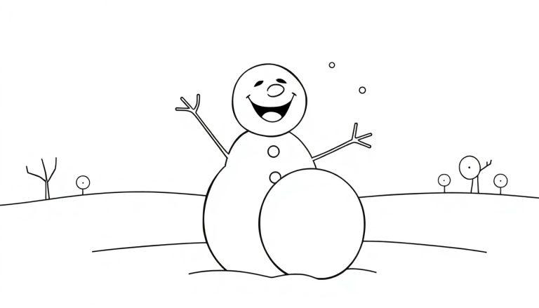 Schwarz-weiße Farbtafel: Ein lächelnder Schneemann mit Astarmen und Knöpfen auf einer verschneiten Hügel, umgeben von kleinen Bäumen und Schneeflocken.