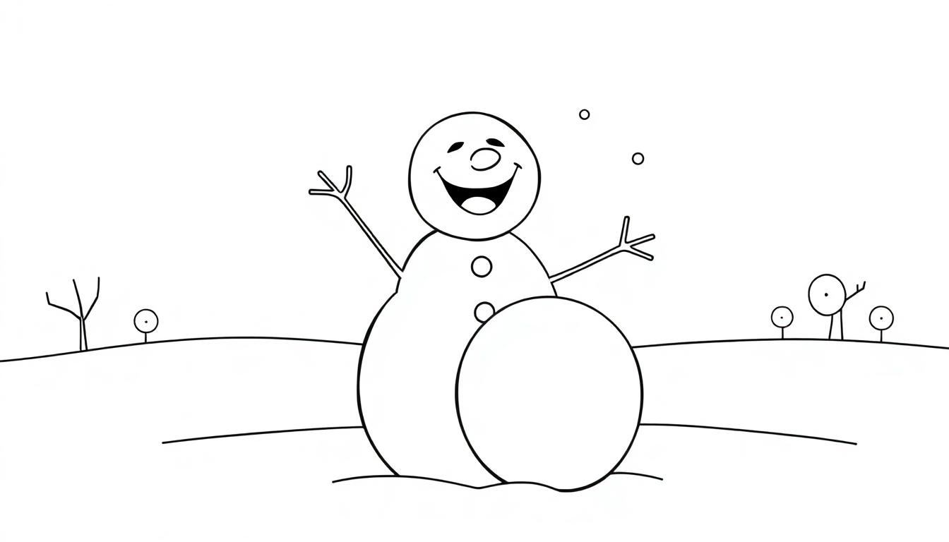 Schwarz-weiße Farbtafel: Ein lächelnder Schneemann mit Astarmen und Knöpfen auf einer verschneiten Hügel, umgeben von kleinen Bäumen und Schneeflocken.