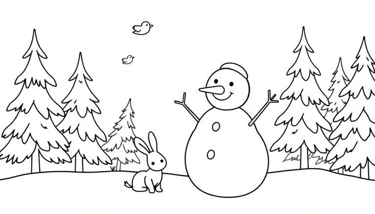Eine Schwarz-Weiß-Farbtafel eines Schneemanns mit Karottennase, der im Winterwald steht, mit einem Hasen und fliegenden Vögeln.