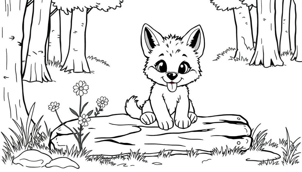 Eine süße Wolf-Farbtafel im Wald.