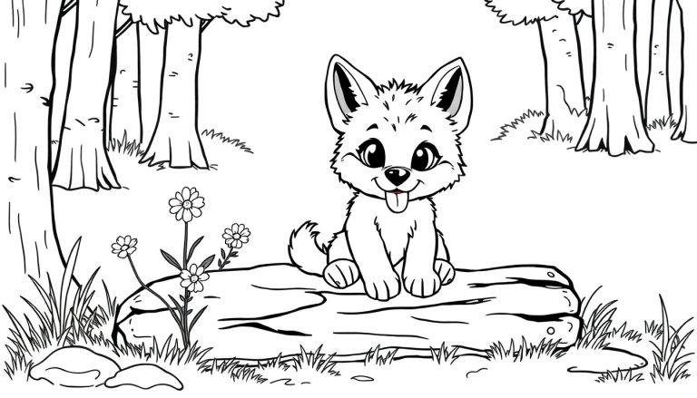Eine süße Wolf-Farbtafel im Wald.