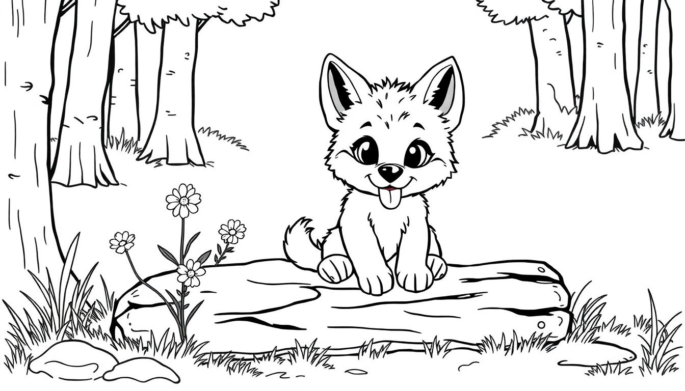 Eine süße Wolf-Farbtafel im Wald.