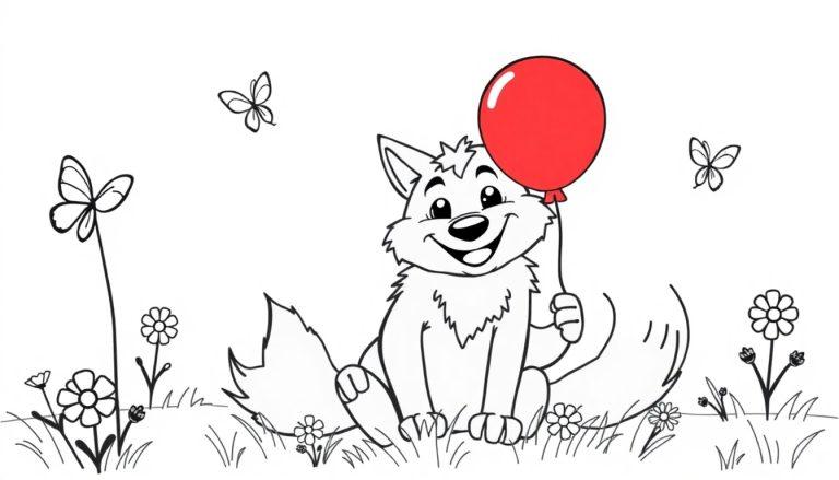 Ein niedlicher Wolfswelpe mit einem roten Ballon, bereit zum Ausmalen als Farbtafel.
