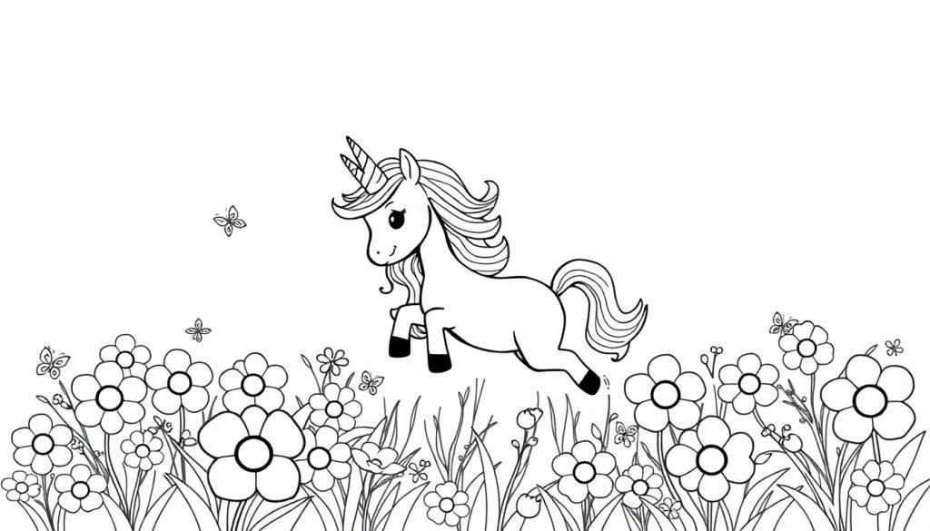 Schwarz-Weiß-Farbtafel eines fröhlichen Einhorns mit glitzernder Mähne und einem Horn, das über eine bunte Blumenwiese galoppiert, umgeben von flatternden Schmetterlingen.