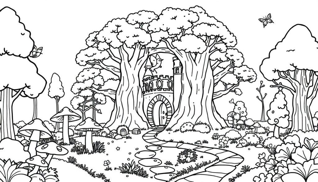 Eine schwarz-weiße Umrisszeichnung einer fantasievollen Waldlandschaft mit einem Schloss im Zentrum und Bäumen mit wolkenähnlichen Blättern. Eine Farbtafel-Illustration für Kinder.