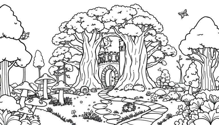 Eine schwarz-weiße Umrisszeichnung einer fantasievollen Waldlandschaft mit einem Schloss im Zentrum und Bäumen mit wolkenähnlichen Blättern. Eine Farbtafel-Illustration für Kinder.