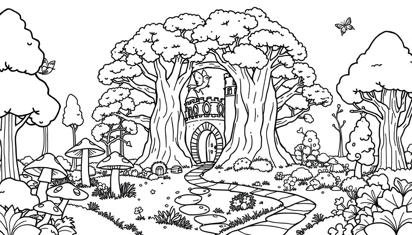 Eine schwarz-weiße Umrisszeichnung einer fantasievollen Waldlandschaft mit einem Schloss im Zentrum und Bäumen mit wolkenähnlichen Blättern. Eine Farbtafel-Illustration für Kinder.