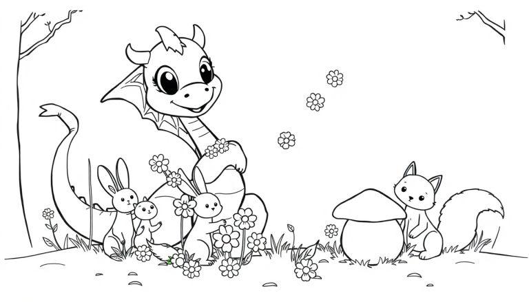 Eine schwarz-weiße Farbtafel-Illustration eines freundlichen Drachens mit Blumen um den Hals, der im Wald neben Kaninchen, einem Pilz und einem Eichhörnchen steht. Verziert mit Blumen, die zu einem märchenhaften Picknick passen.
