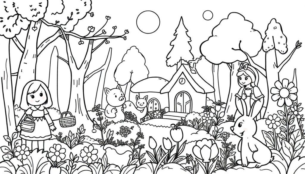 Schwarz-weiß Cartoon-Zeichnung eines Zauberwaldes mit einem kleinen Mädchen, einem Haus mit einem Schwein und einem Eichhörnchen, einem Kaninchen und einem weiteren Mädchen. Zwei Kreise repräsentieren Sonne oder Mond. Die Szene ist reich an Bäumen und Blumen, ideal für eine Farbtafel.