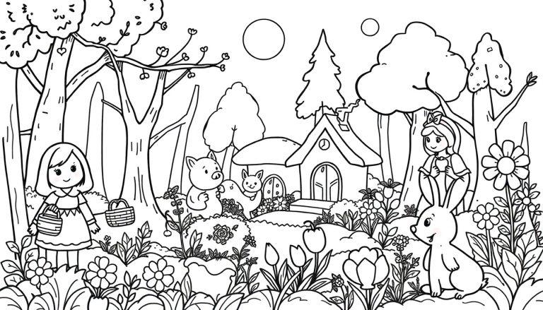 Schwarz-weiß Cartoon-Zeichnung eines Zauberwaldes mit einem kleinen Mädchen, einem Haus mit einem Schwein und einem Eichhörnchen, einem Kaninchen und einem weiteren Mädchen. Zwei Kreise repräsentieren Sonne oder Mond. Die Szene ist reich an Bäumen und Blumen, ideal für eine Farbtafel.