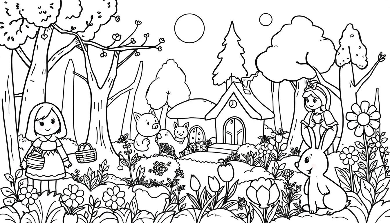 Schwarz-weiß Cartoon-Zeichnung eines Zauberwaldes mit einem kleinen Mädchen, einem Haus mit einem Schwein und einem Eichhörnchen, einem Kaninchen und einem weiteren Mädchen. Zwei Kreise repräsentieren Sonne oder Mond. Die Szene ist reich an Bäumen und Blumen, ideal für eine Farbtafel.