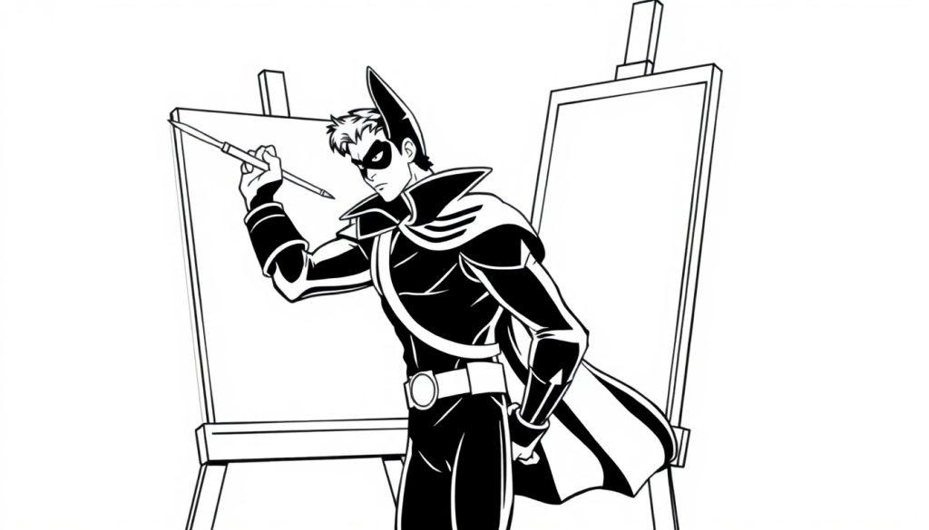 Superheld Zorro malt ein Bild von sich selbst auf einer leeren Leinwand.