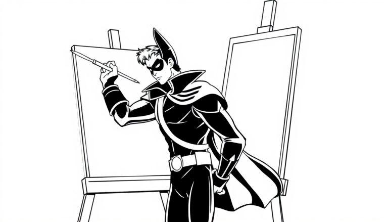 Superheld Zorro malt ein Bild von sich selbst auf einer leeren Leinwand.