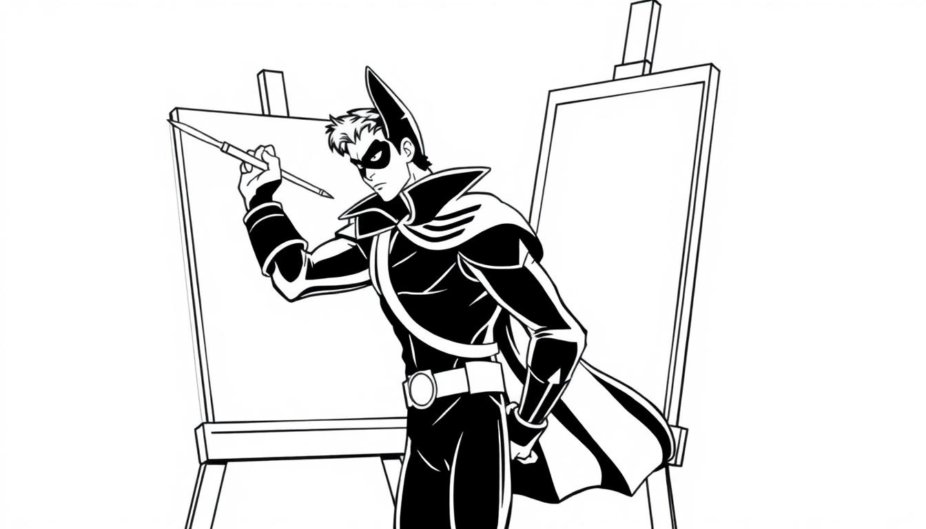 Superheld Zorro malt ein Bild von sich selbst auf einer leeren Leinwand.