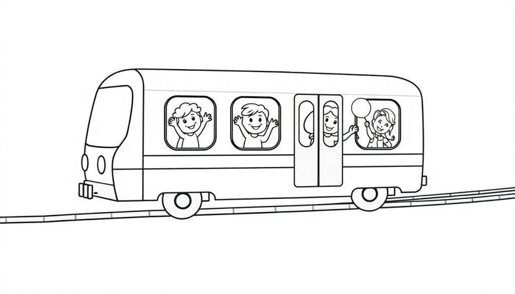 Eine Schwarz-Weiß-Cartoon-Zeichnung eines einfachen Zuges mit vier winkenden Kindern, die durch die Fenster schauen. Dieses Motiv ist eine Farbtafel zum Ausmalen.