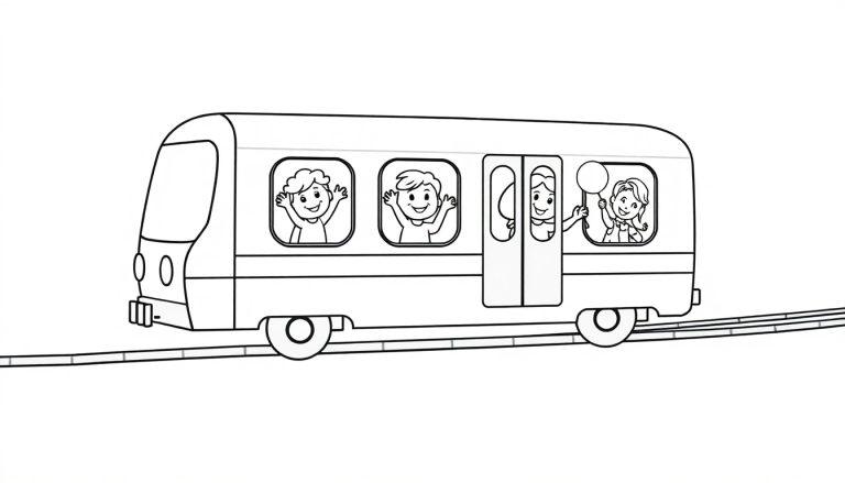Eine Schwarz-Weiß-Cartoon-Zeichnung eines einfachen Zuges mit vier winkenden Kindern, die durch die Fenster schauen. Dieses Motiv ist eine Farbtafel zum Ausmalen.