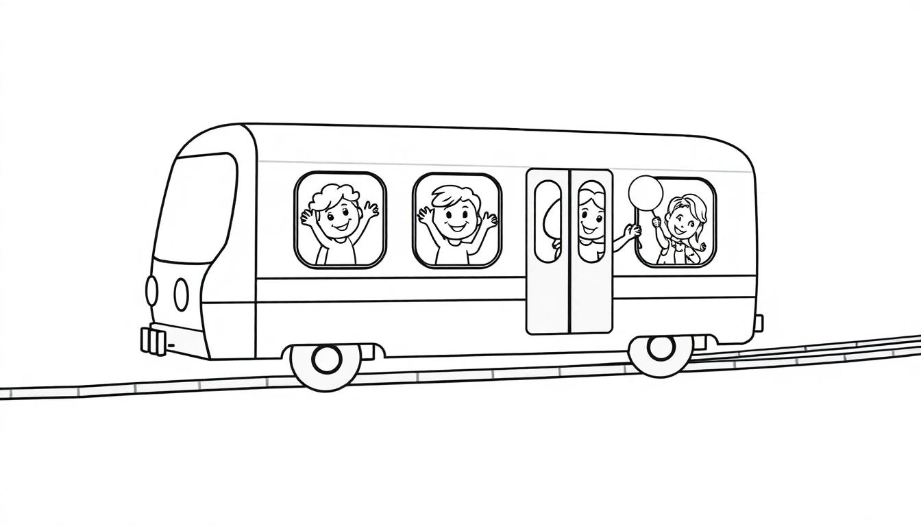 Eine Schwarz-Weiß-Cartoon-Zeichnung eines einfachen Zuges mit vier winkenden Kindern, die durch die Fenster schauen. Dieses Motiv ist eine Farbtafel zum Ausmalen.