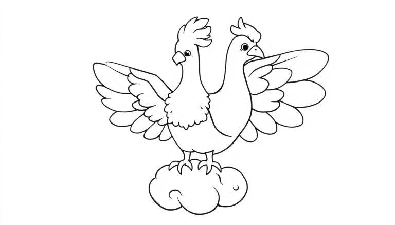 Eine niedliche, zweiköpfige Phönix-Kreatur mit breiten Flügeln und Kämmen auf ihren Köpfen, die auf einer Wolke für eine Farbtafel steht.