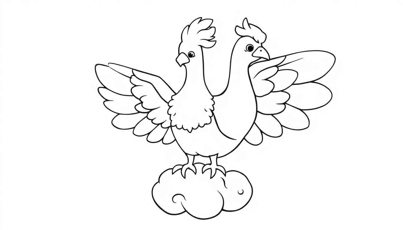 Eine niedliche, zweiköpfige Phönix-Kreatur mit breiten Flügeln und Kämmen auf ihren Köpfen, die auf einer Wolke für eine Farbtafel steht.
