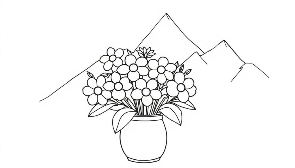 Malvorlage mit Blumenstrauß in einer Vase und drei Bergen im Hintergrund.