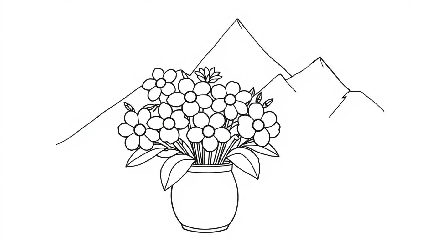 Malvorlage mit Blumenstrauß in einer Vase und drei Bergen im Hintergrund.