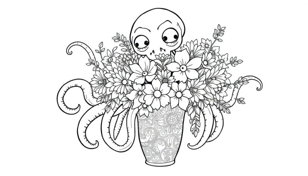 Schwarz-Weiß-Malvorlage eines Oktopus, der aus einem großen Blumenstrauß in einer verzierten Vase ragt.
