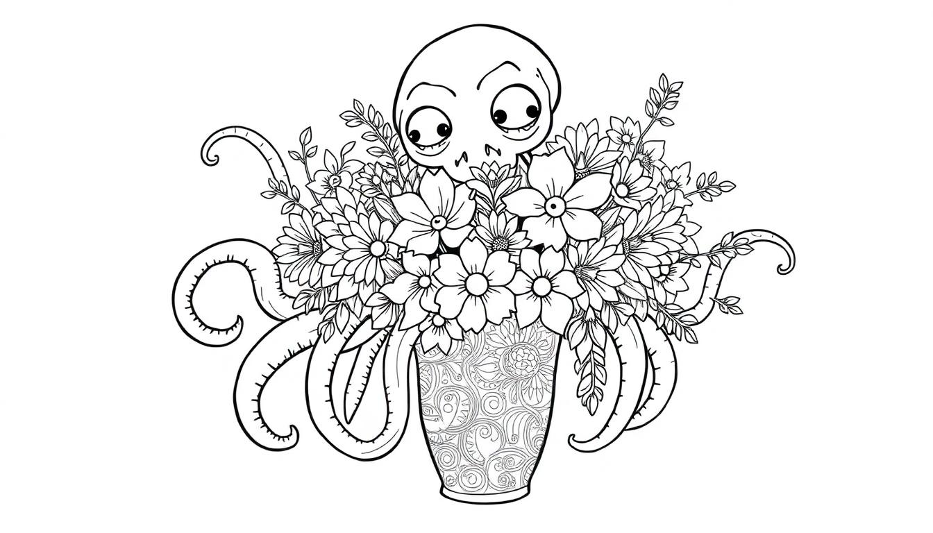 Schwarz-Weiß-Malvorlage eines Oktopus, der aus einem großen Blumenstrauß in einer verzierten Vase ragt.