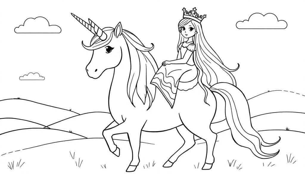 Malvorlage: Eine Prinzessin mit Krone und langem Haar reitet auf einem Einhorn mit spiralförmigem Horn durch eine hügelige Landschaft mit Gras und Wolken.
