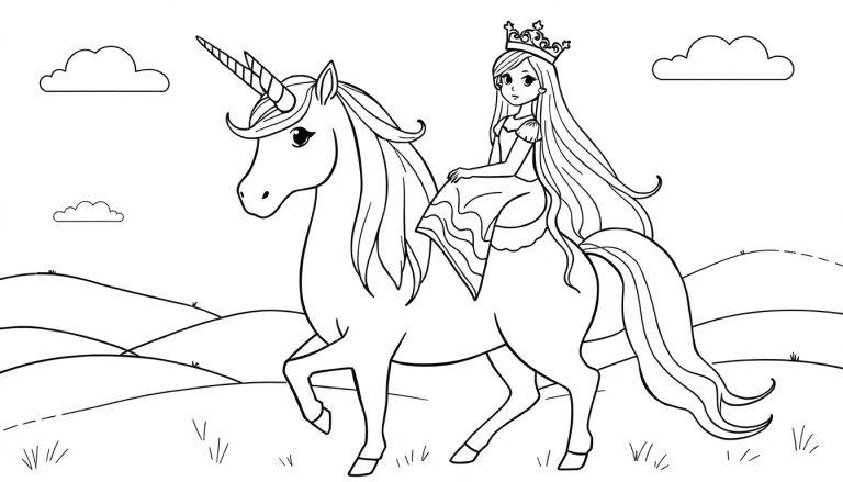 Malvorlage: Eine Prinzessin mit Krone und langem Haar reitet auf einem Einhorn mit spiralförmigem Horn durch eine hügelige Landschaft mit Gras und Wolken.