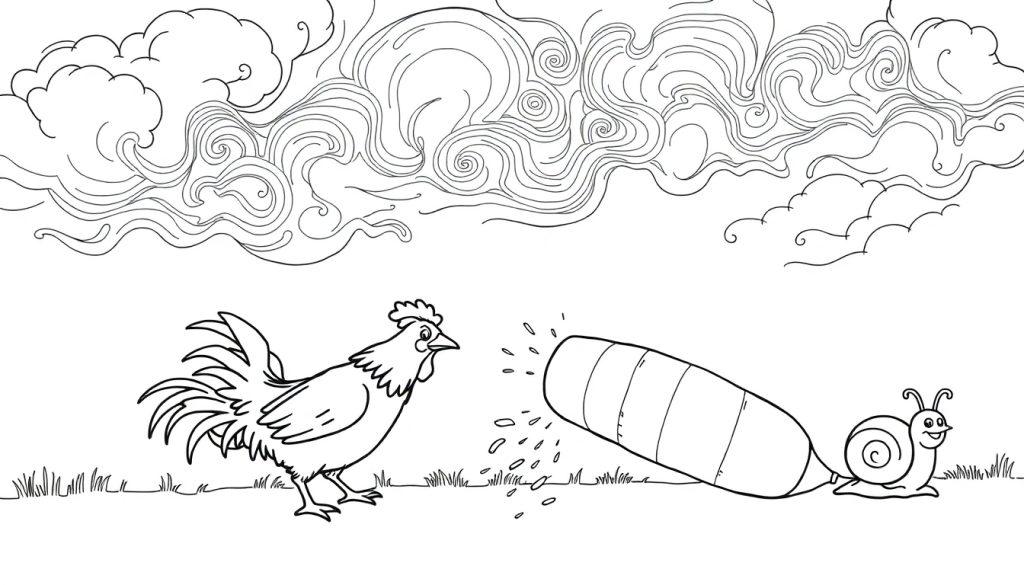 Malvorlage einer Schnecke, die eine riesige Wurzel zieht, mit einem neugierigen Hahn im Hintergrund und wogenden Wolken am Himmel.