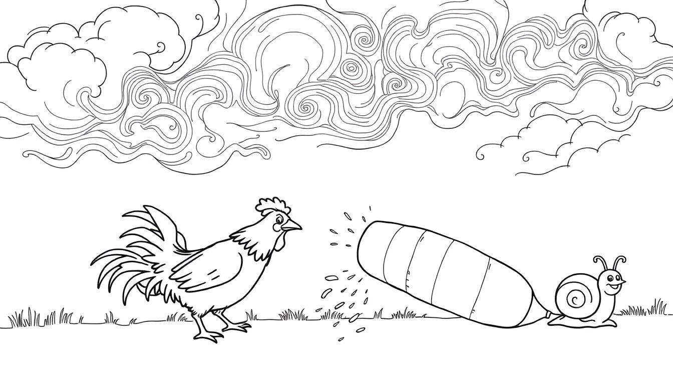 Malvorlage einer Schnecke, die eine riesige Wurzel zieht, mit einem neugierigen Hahn im Hintergrund und wogenden Wolken am Himmel.
