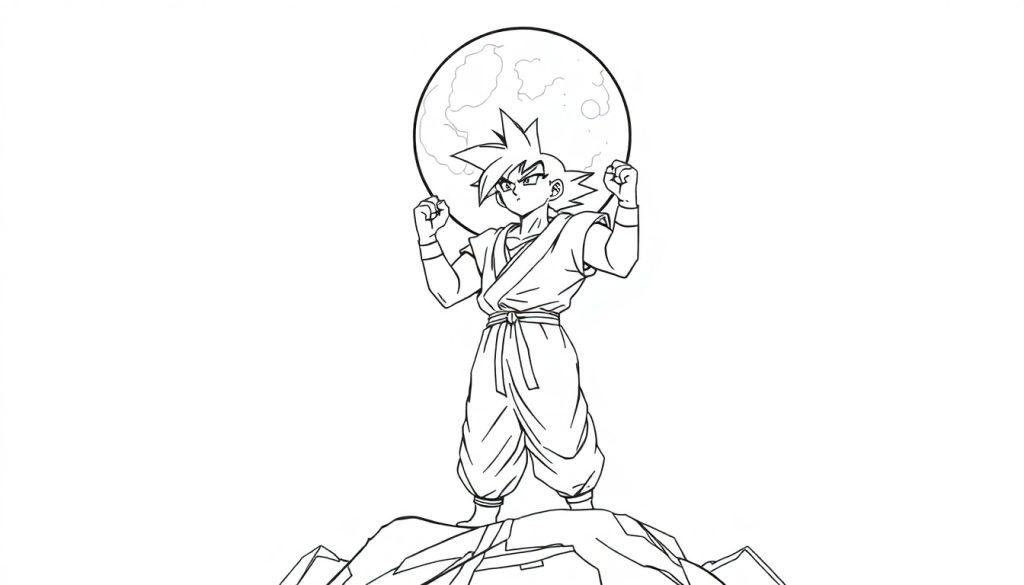 Schwarz-weiße Malvorlage von Goku, der mit erhobenen Fäusten und dem Mond hinter seinem Kopf auf felsigem Boden steht.