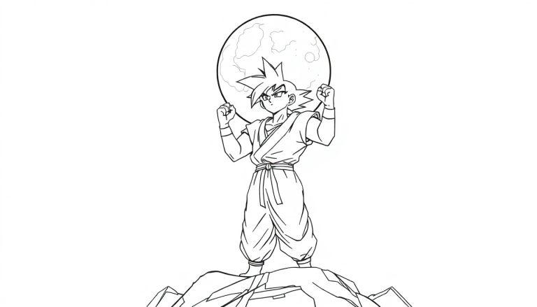 Schwarz-weiße Malvorlage von Goku, der mit erhobenen Fäusten und dem Mond hinter seinem Kopf auf felsigem Boden steht.