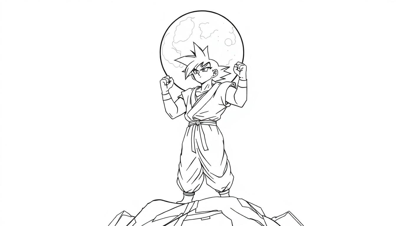 Schwarz-weiße Malvorlage von Goku, der mit erhobenen Fäusten und dem Mond hinter seinem Kopf auf felsigem Boden steht.
