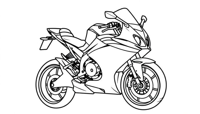 Schwarz-weiße Malvorlage eines detailreichen Sportmotorrads, ähnlich der BMW S1000RR, mit aerodynamischer Verkleidung und zwei Rädern auf weißem Hintergrund.