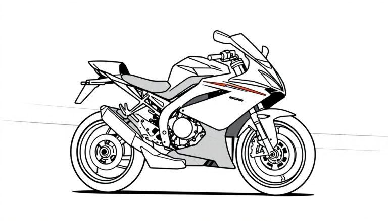 Umrisszeichnung einer BMW S1000RR Sportmotorrad von der Seite, mit roten Akzenten, bereit zum Ausmalen.