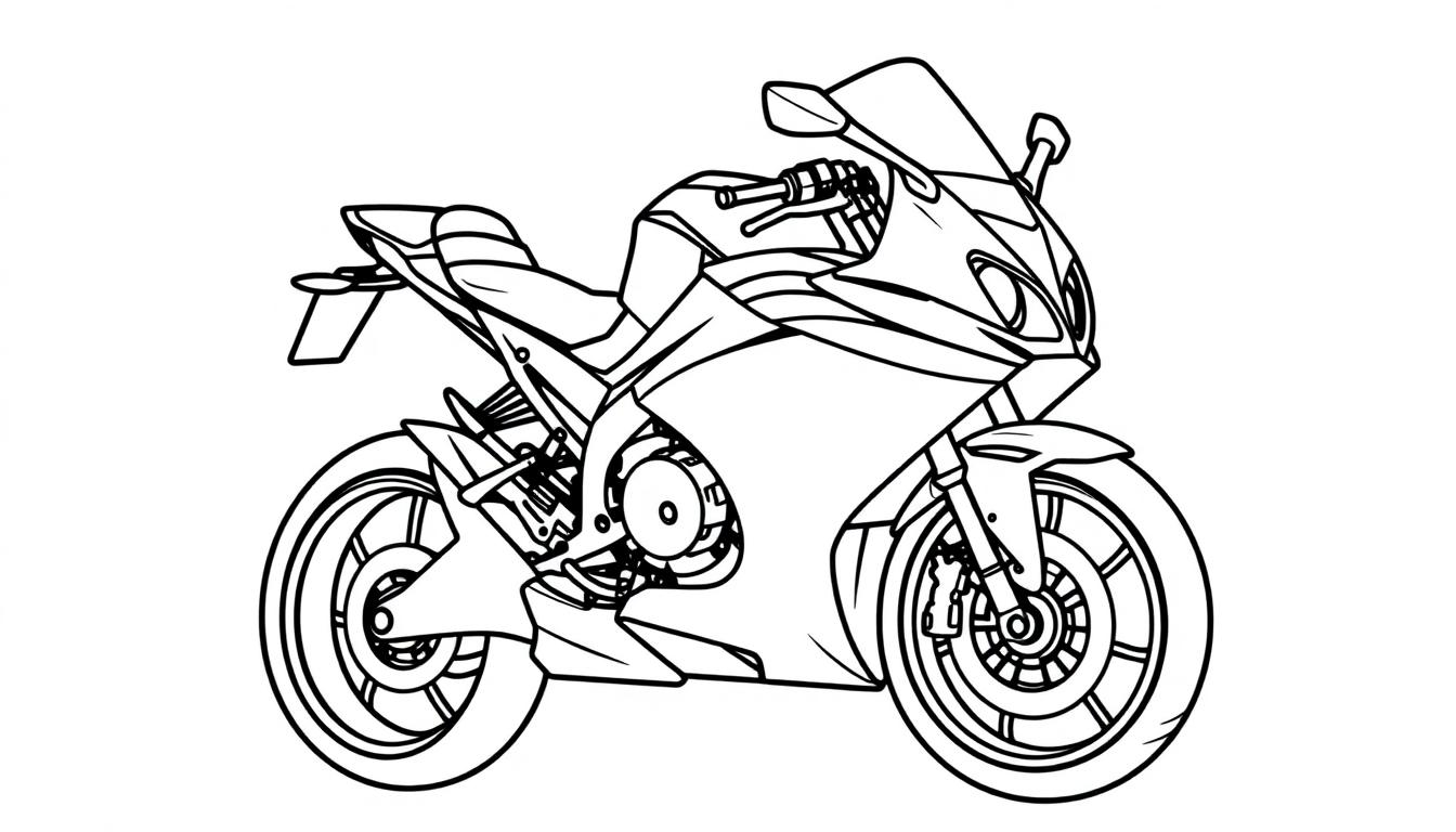 Schwarz-weiße Malvorlage eines detailreichen Sportmotorrads, ähnlich der BMW S1000RR, mit aerodynamischer Verkleidung und zwei Rädern auf weißem Hintergrund.