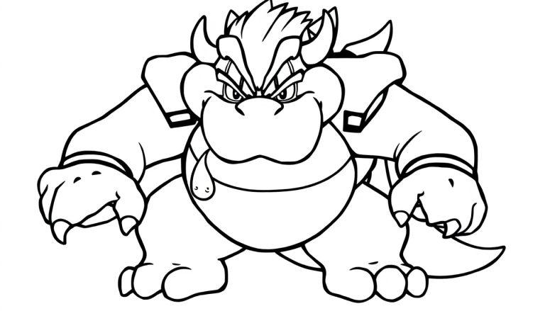 Schwarz-weiße Zeichnung von Bowser, dem wütenden Bösewicht, bereit zum Ausmalen.