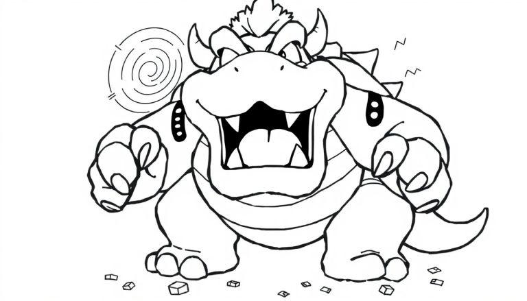 Schwarz-Weiß-Malvorlage von Bowser, dem bösen Koopa-König aus Super Mario, mit wütendem Gesichtsausdruck, Hörnern, Stacheln und ausgebreiteten Pranken, umgeben von Bausteinen und elektrischen Entladungen.