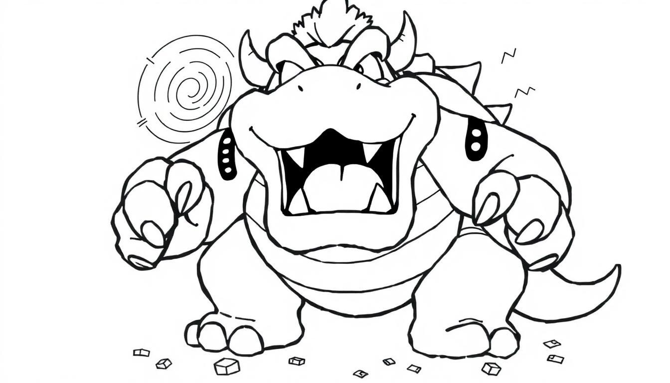 Schwarz-Weiß-Malvorlage von Bowser, dem bösen Koopa-König aus Super Mario, mit wütendem Gesichtsausdruck, Hörnern, Stacheln und ausgebreiteten Pranken, umgeben von Bausteinen und elektrischen Entladungen.