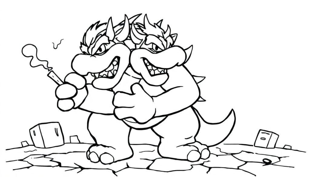 Zwei Bowser-ähnliche Charaktere umarmen sich, einer raucht einen Joint, grinsend, vor einer zerstörten Landschaft. Malvorlage.