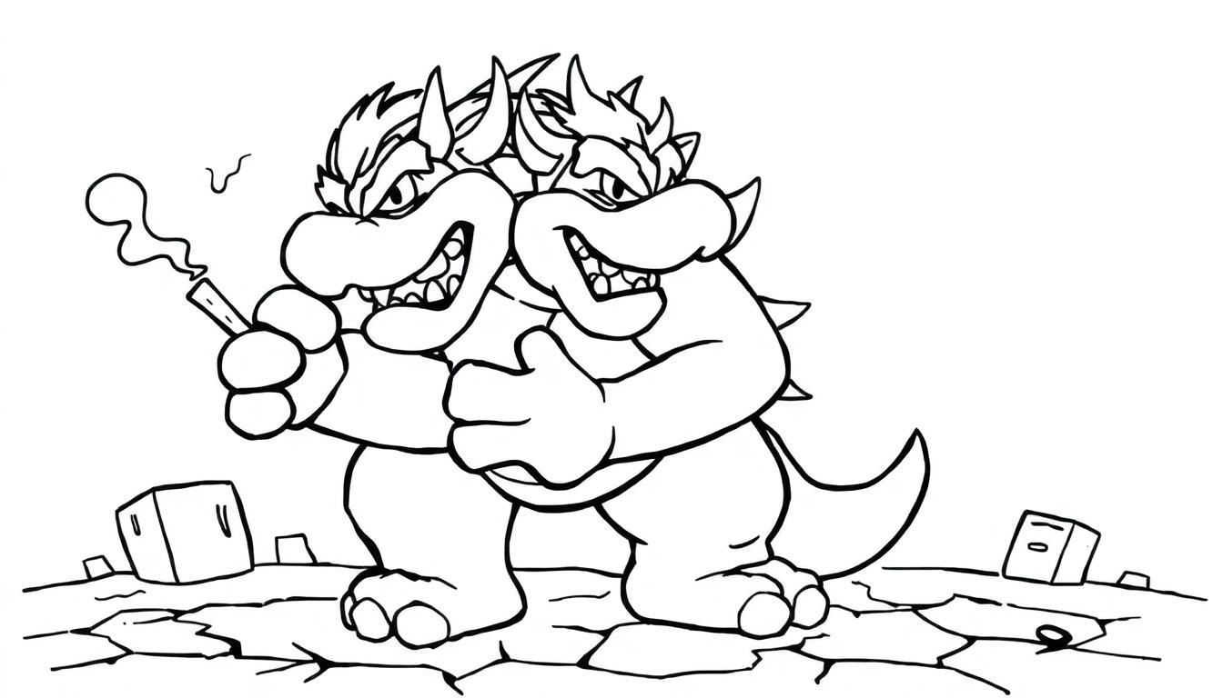 Zwei Bowser-ähnliche Charaktere umarmen sich, einer raucht einen Joint, grinsend, vor einer zerstörten Landschaft. Malvorlage.