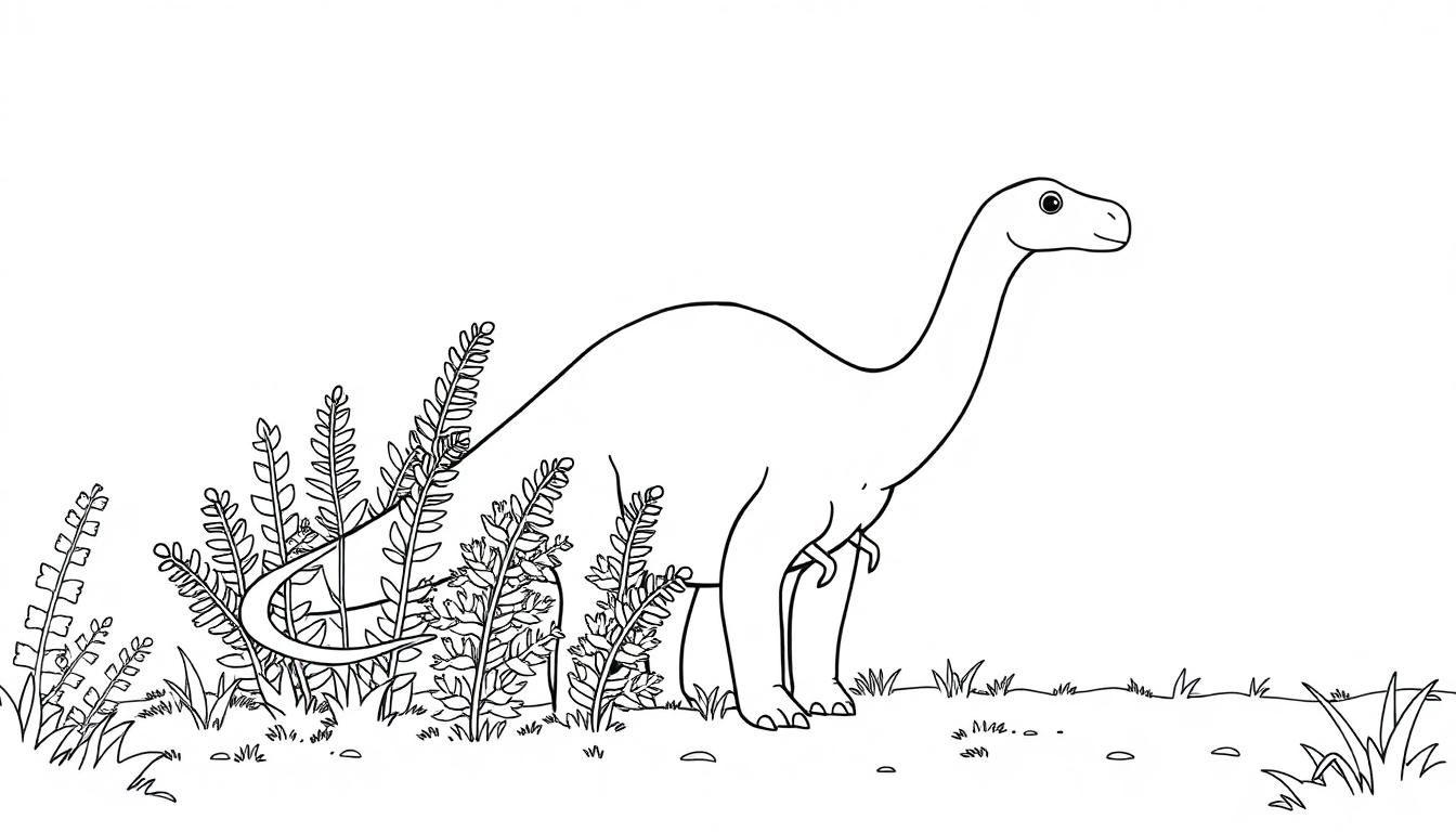 Schwarz-weiße Malvorlage eines stilisierten Dinosauriers mit langem Hals und Pflanzen.