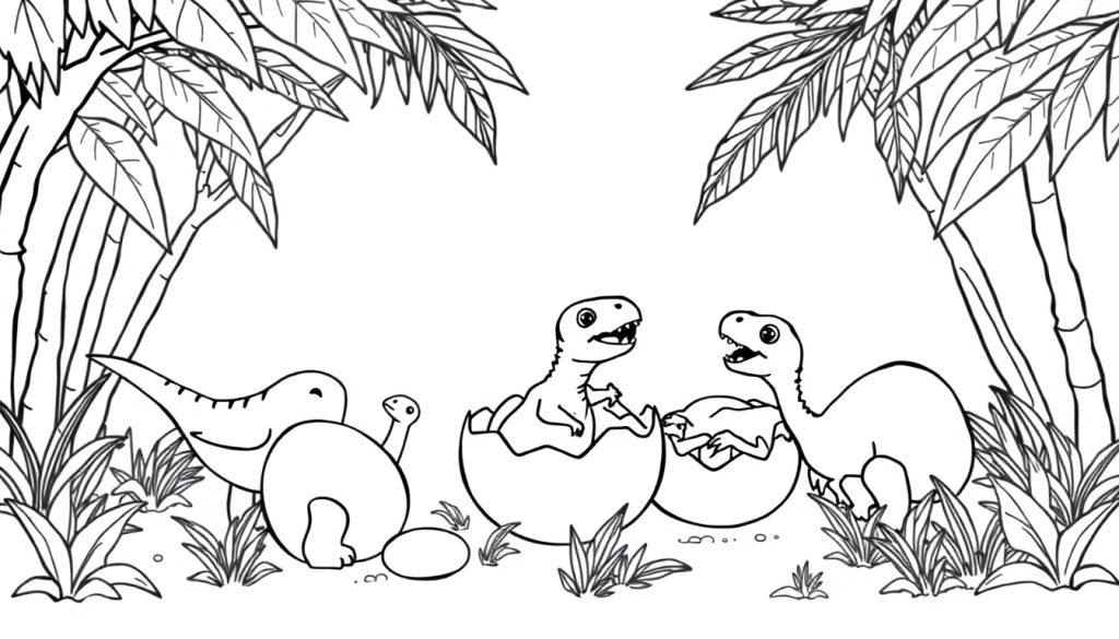 Malvorlage mit Dinosauriern, die aus Eiern schlüpfen, umgeben von großen Blättern und Baumstämmen.