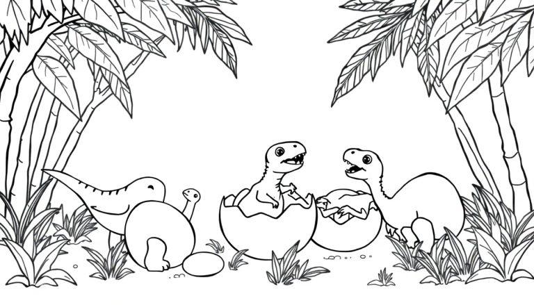 Malvorlage mit Dinosauriern, die aus Eiern schlüpfen, umgeben von großen Blättern und Baumstämmen.